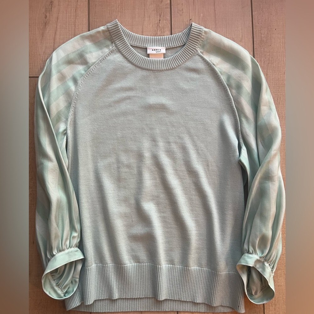 AKRIS PUNTO WOOL SILK STRIPED sweater mint green sz 6 puff sleeve